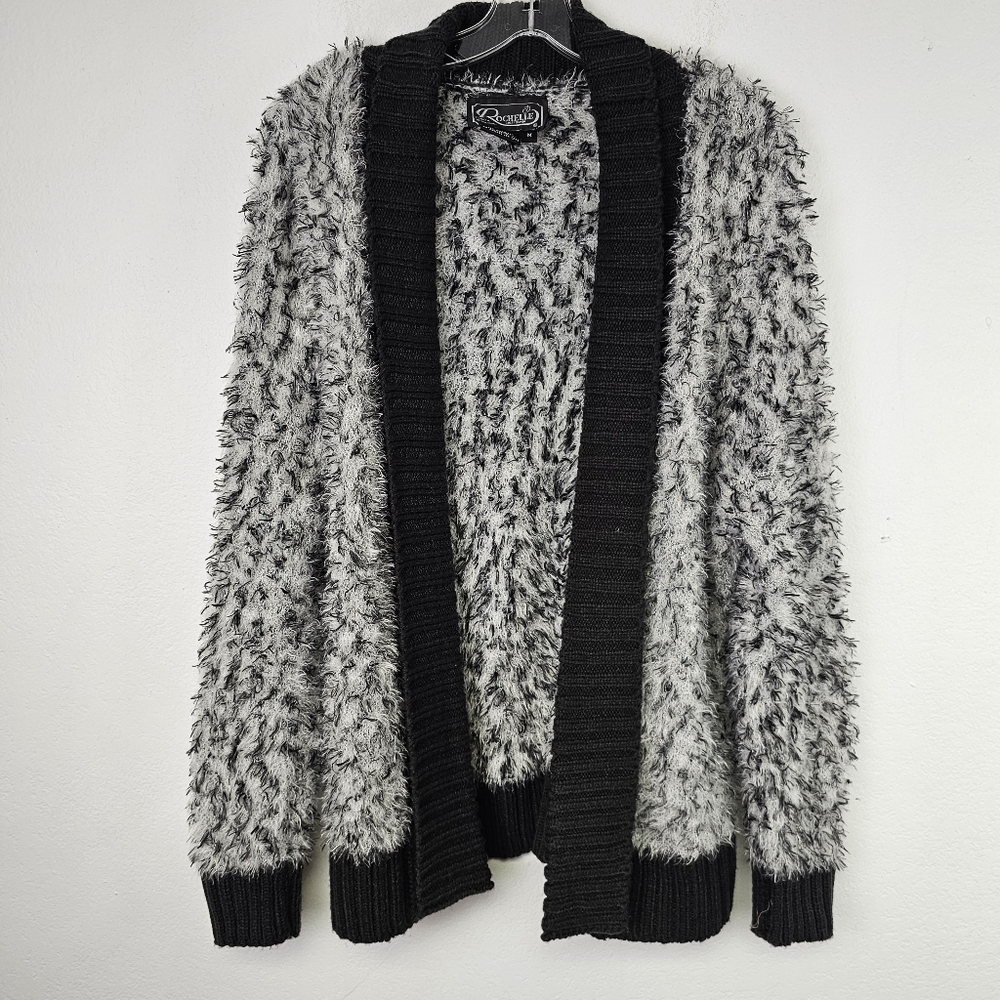 VTG Rochelle Cardigan Sweater Black Grey Chunky Eyelash Knit Sz M Grannycore